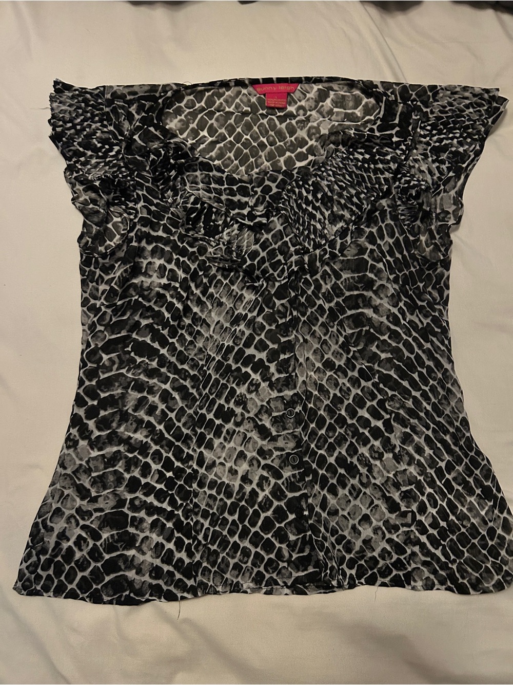 Sunny Leigh Black & White Snake-Print Ruffle Front Sheer Blouse